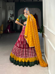 Adorned in printed Tusser silk lehenga choli