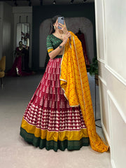 Adorned in printed Tusser silk lehenga choli