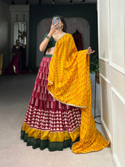 Adorned in printed Tusser silk lehenga choli
