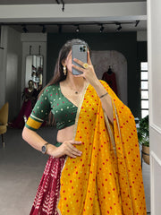 Adorned in printed Tusser silk lehenga choli