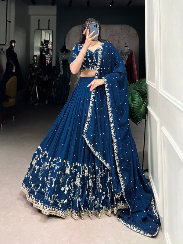 Simple yet stunning: Our Vichitra Silk Lehenga Choli, featuring delicate sequin and thread embroidery for a sophisticated look