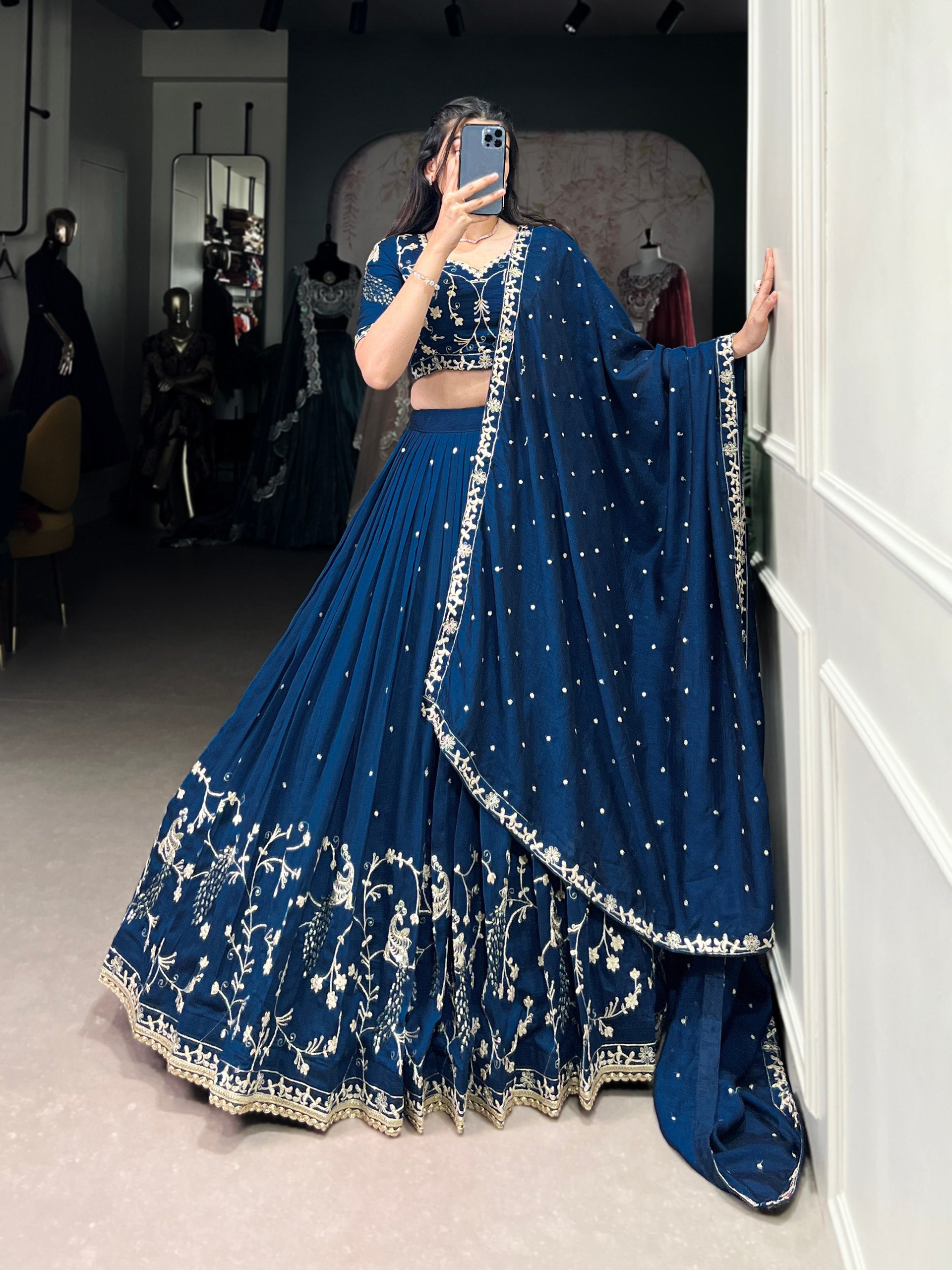 Simple yet stunning: Our Vichitra Silk Lehenga Choli, featuring delicate sequin and thread embroidery for a sophisticated look