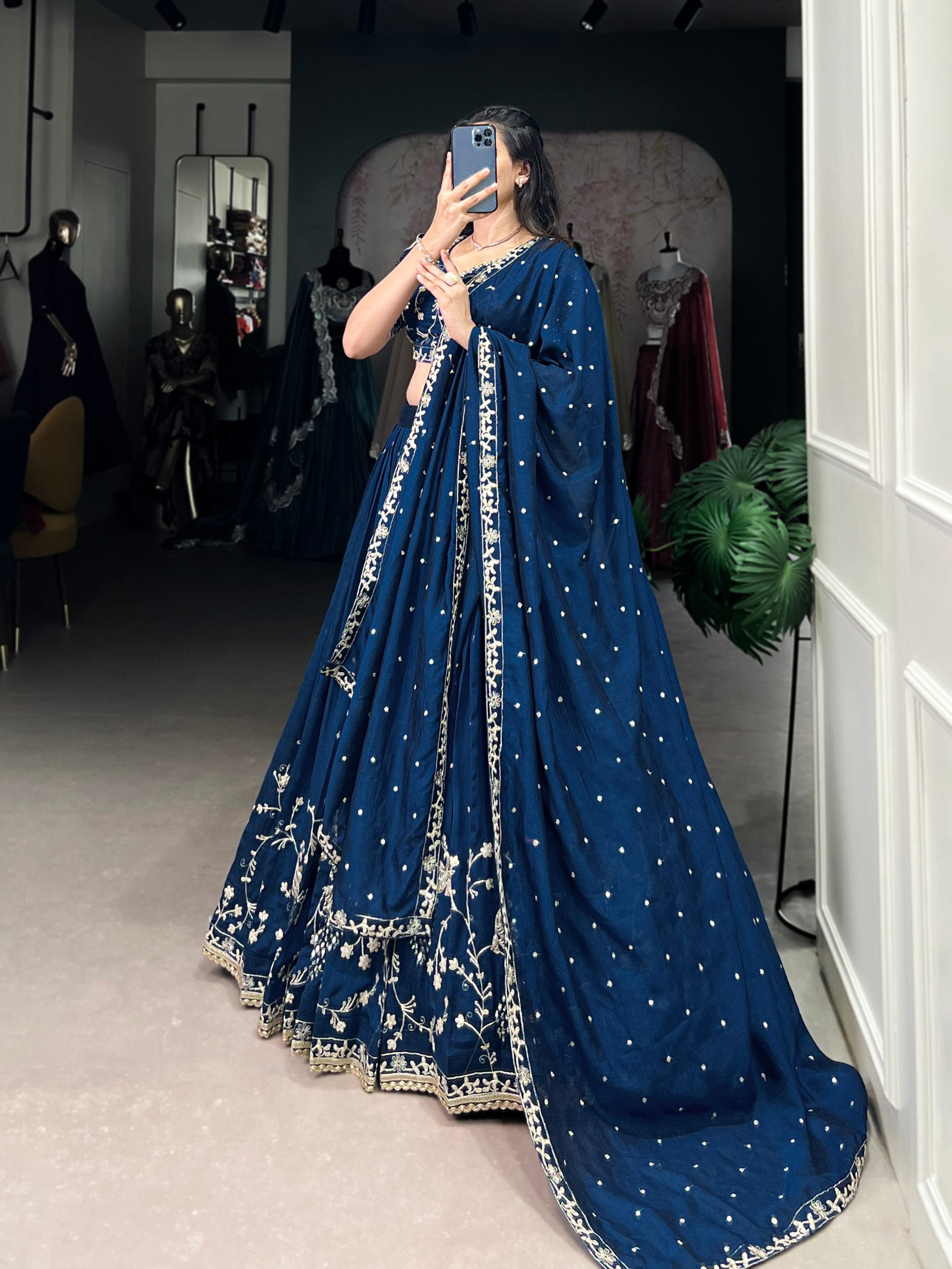 Simple yet stunning: Our Vichitra Silk Lehenga Choli, featuring delicate sequin and thread embroidery for a sophisticated look