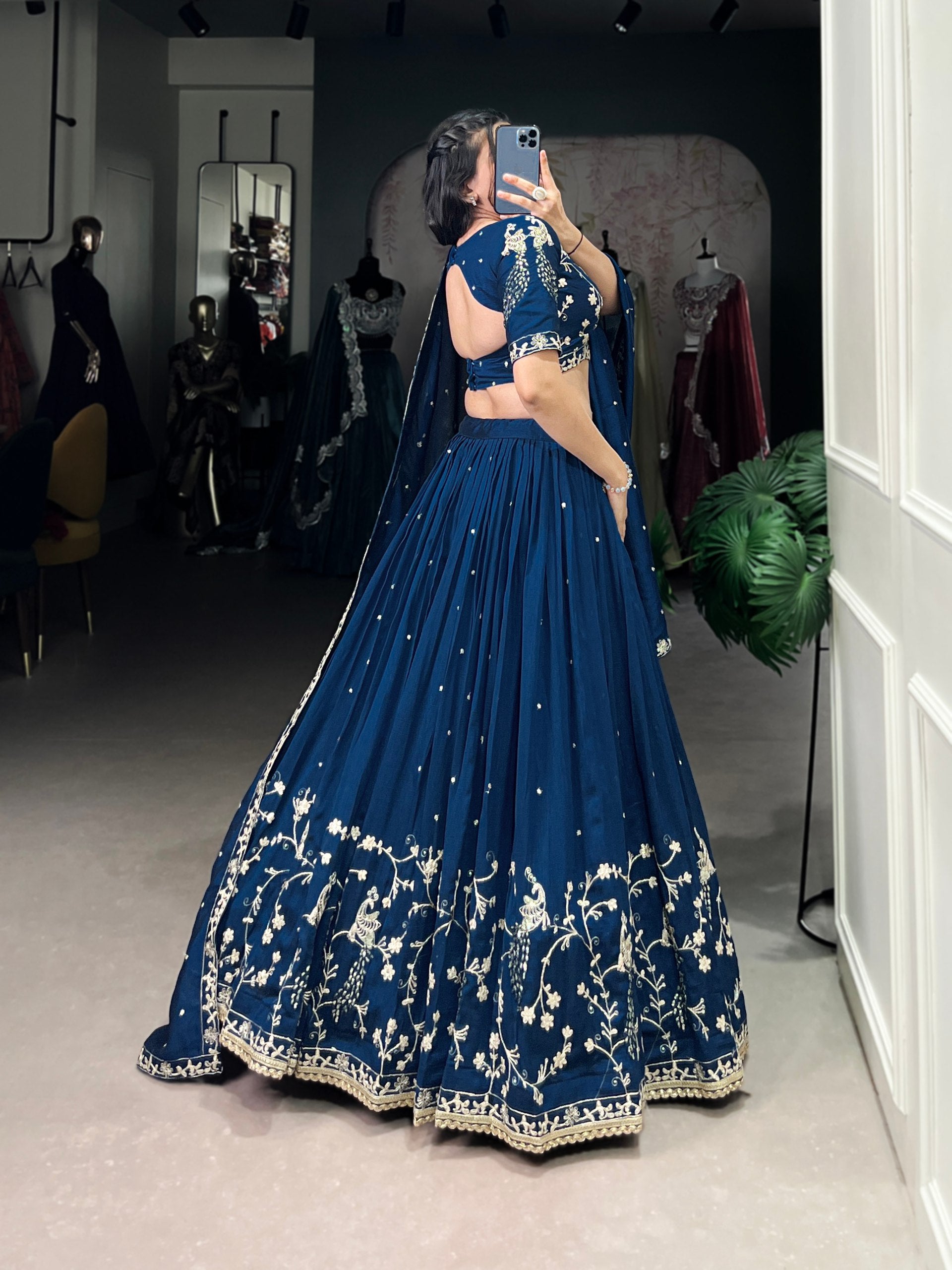 Simple yet stunning: Our Vichitra Silk Lehenga Choli, featuring delicate sequin and thread embroidery for a sophisticated look