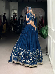 Simple yet stunning: Our Vichitra Silk Lehenga Choli, featuring delicate sequin and thread embroidery for a sophisticated look