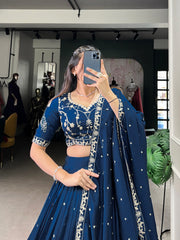 Simple yet stunning: Our Vichitra Silk Lehenga Choli, featuring delicate sequin and thread embroidery for a sophisticated look