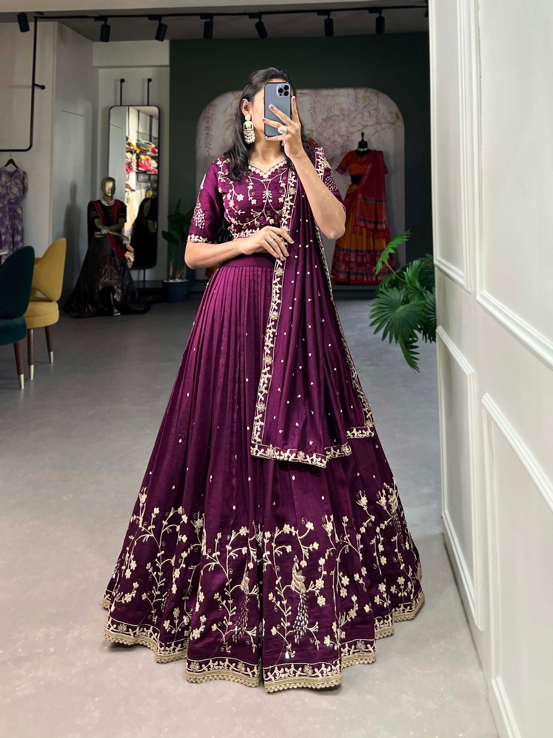 Simple yet stunning: Our Vichitra Silk Lehenga Choli, featuring delicate sequin and thread embroidery for a sophisticated look