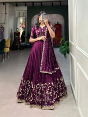 Simple yet stunning: Our Vichitra Silk Lehenga Choli, featuring delicate sequin and thread embroidery for a sophisticated look