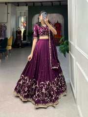 Simple yet stunning: Our Vichitra Silk Lehenga Choli, featuring delicate sequin and thread embroidery for a sophisticated look