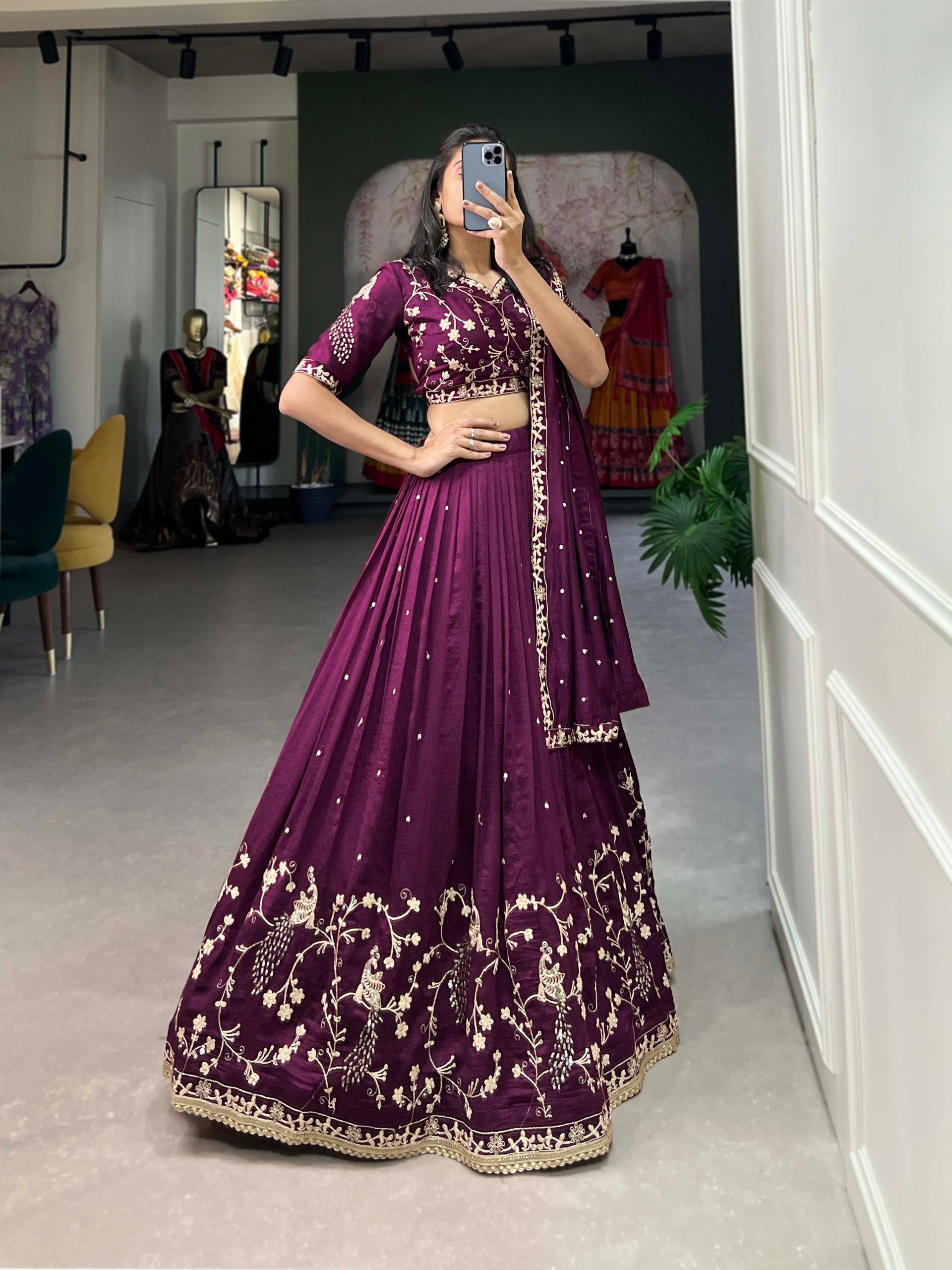Simple yet stunning: Our Vichitra Silk Lehenga Choli, featuring delicate sequin and thread embroidery for a sophisticated look