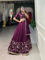 Simple yet stunning: Our Vichitra Silk Lehenga Choli, featuring delicate sequin and thread embroidery for a sophisticated look