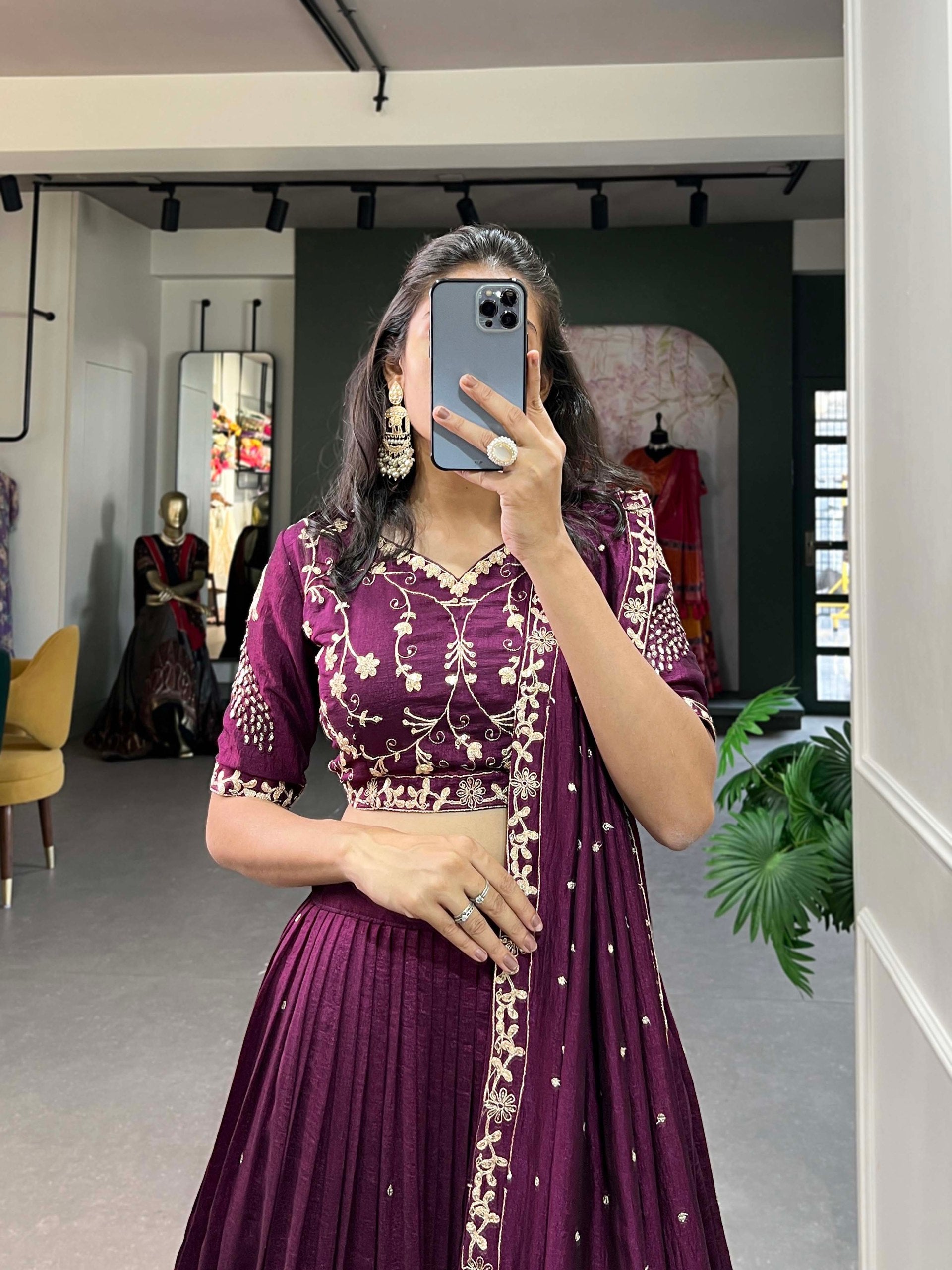 Simple yet stunning: Our Vichitra Silk Lehenga Choli, featuring delicate sequin and thread embroidery for a sophisticated look