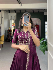 Simple yet stunning: Our Vichitra Silk Lehenga Choli, featuring delicate sequin and thread embroidery for a sophisticated look